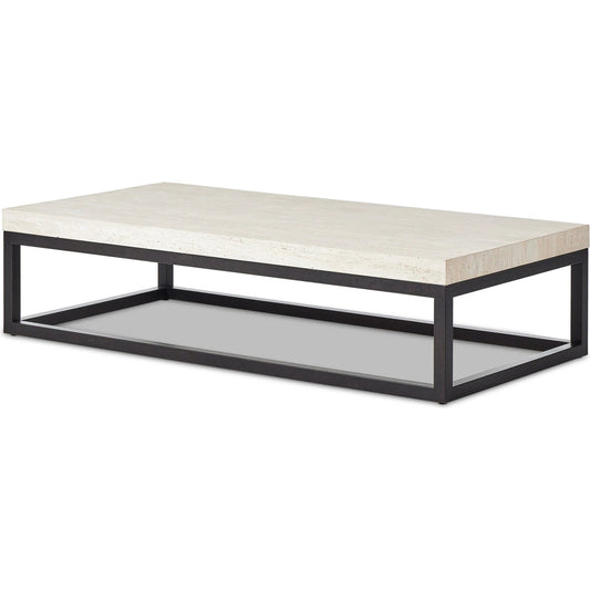 001 SI-2137646 | Primary Silo | The Rectangular Coffee Table by Four Hands in travertine, bronze pebble texture. Made from solid travertine, iron in a modern style.