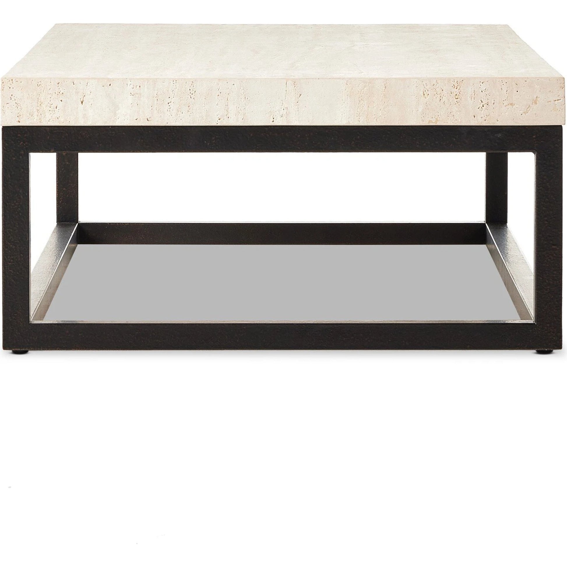 The Rectangular Coffee Table by Four Hands in travertine, bronze pebble texture. Made from solid travertine, iron in a modern style.