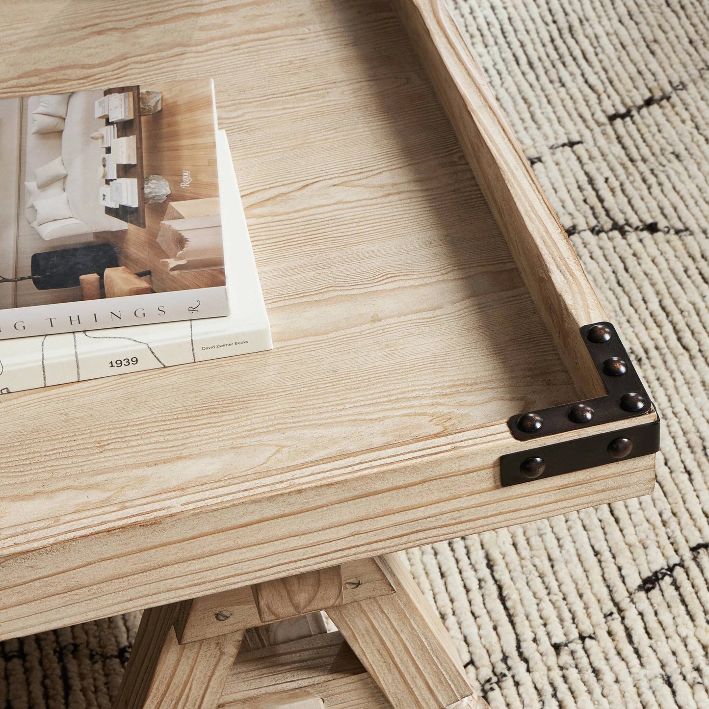 015 SI-2137639 | Closeup | The Don't Try to Explain It Table by Four Hands in natural pine, aged bronze. Made from thick pine veneer, solid pine, zinc alloy in a modern style.