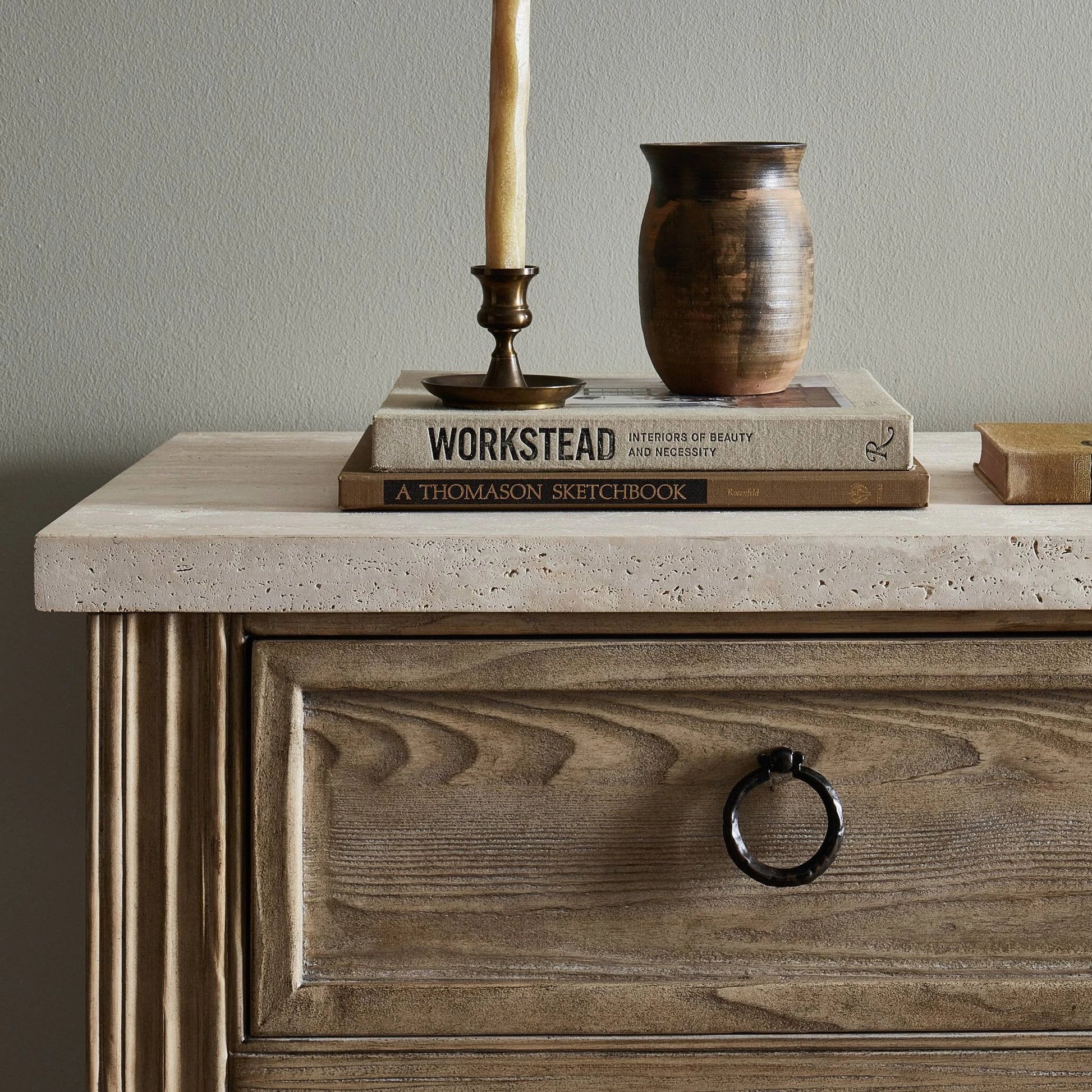 The Lazy Monsieur Partouche Table by Four Hands in distressed brown. Made from pine veneer, solid pine in a modern style.