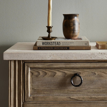 The Lazy Monsieur Partouche Table by Four Hands in distressed brown. Made from pine veneer, solid pine in a modern style.