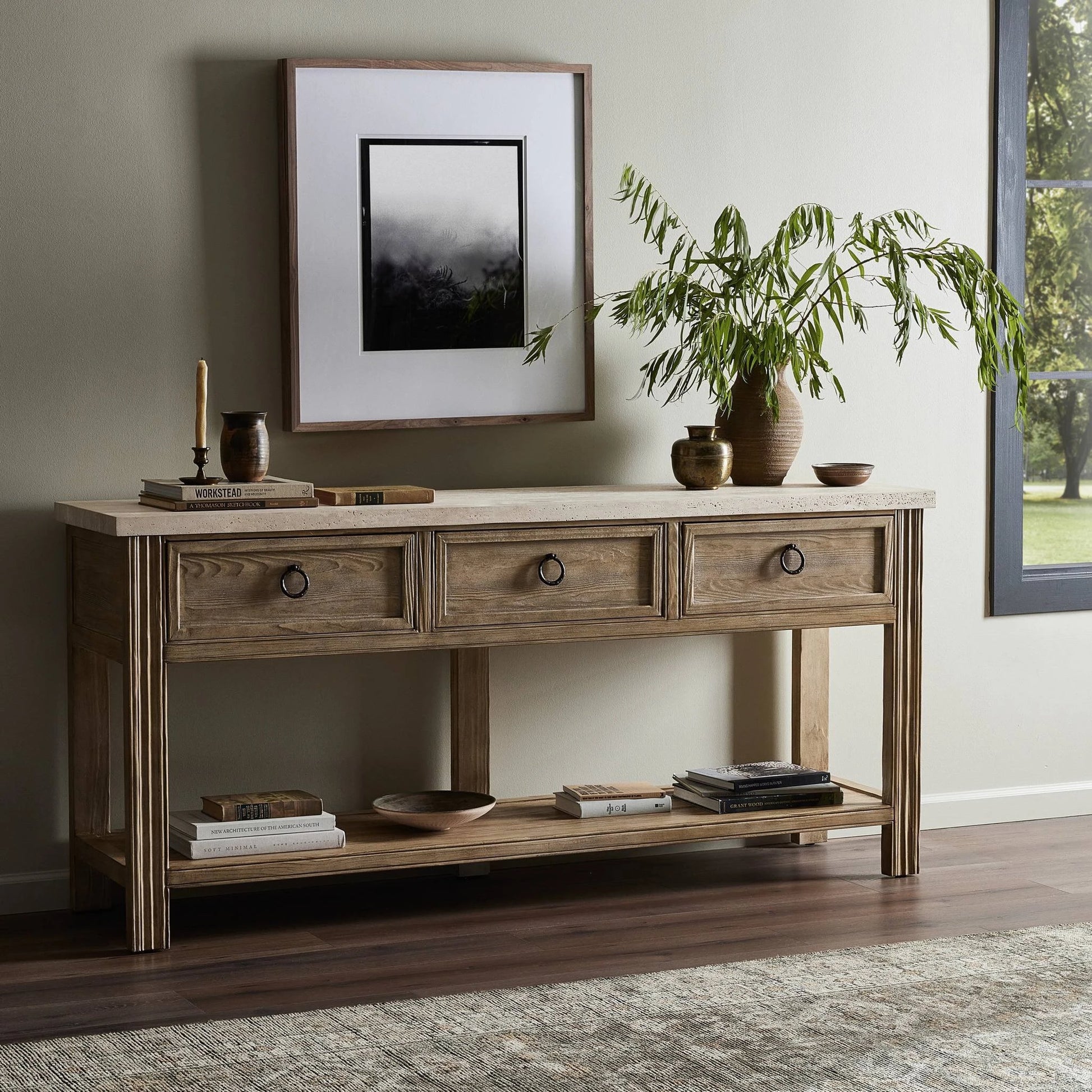 The Lazy Monsieur Partouche Table by Four Hands in distressed brown. Made from pine veneer, solid pine in a modern style.