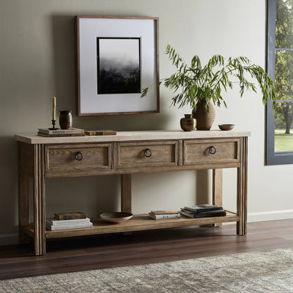 The Lazy Monsieur Partouche Table by Four Hands in distressed brown. Made from pine veneer, solid pine in a modern style.
