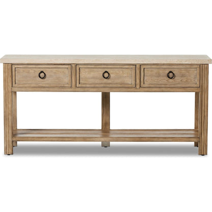 The Lazy Monsieur Partouche Table by Four Hands in distressed brown. Made from pine veneer, solid pine in a modern style.