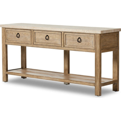 The Lazy Monsieur Partouche Table by Four Hands in distressed brown. Made from pine veneer, solid pine in a modern style.