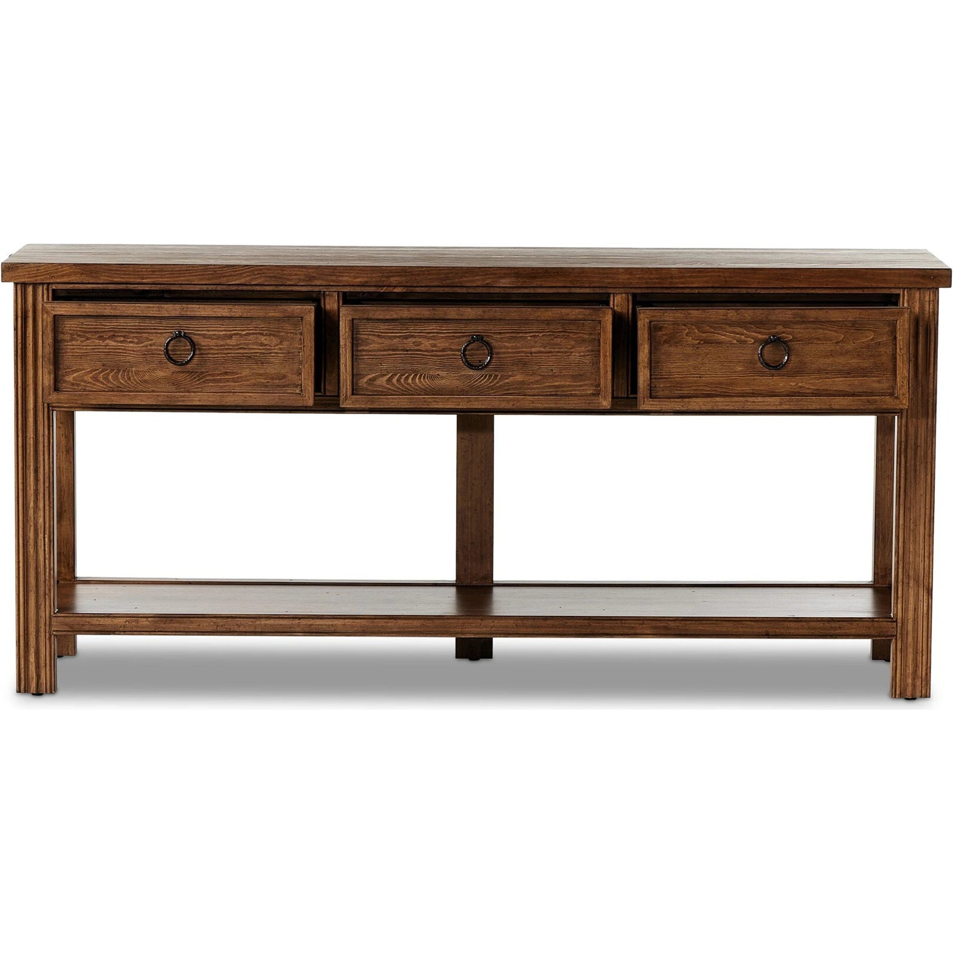 The Lazy Monsieur Partouche Table by Four Hands in distressed brown. Made from pine veneer, solid pine in a modern style.
