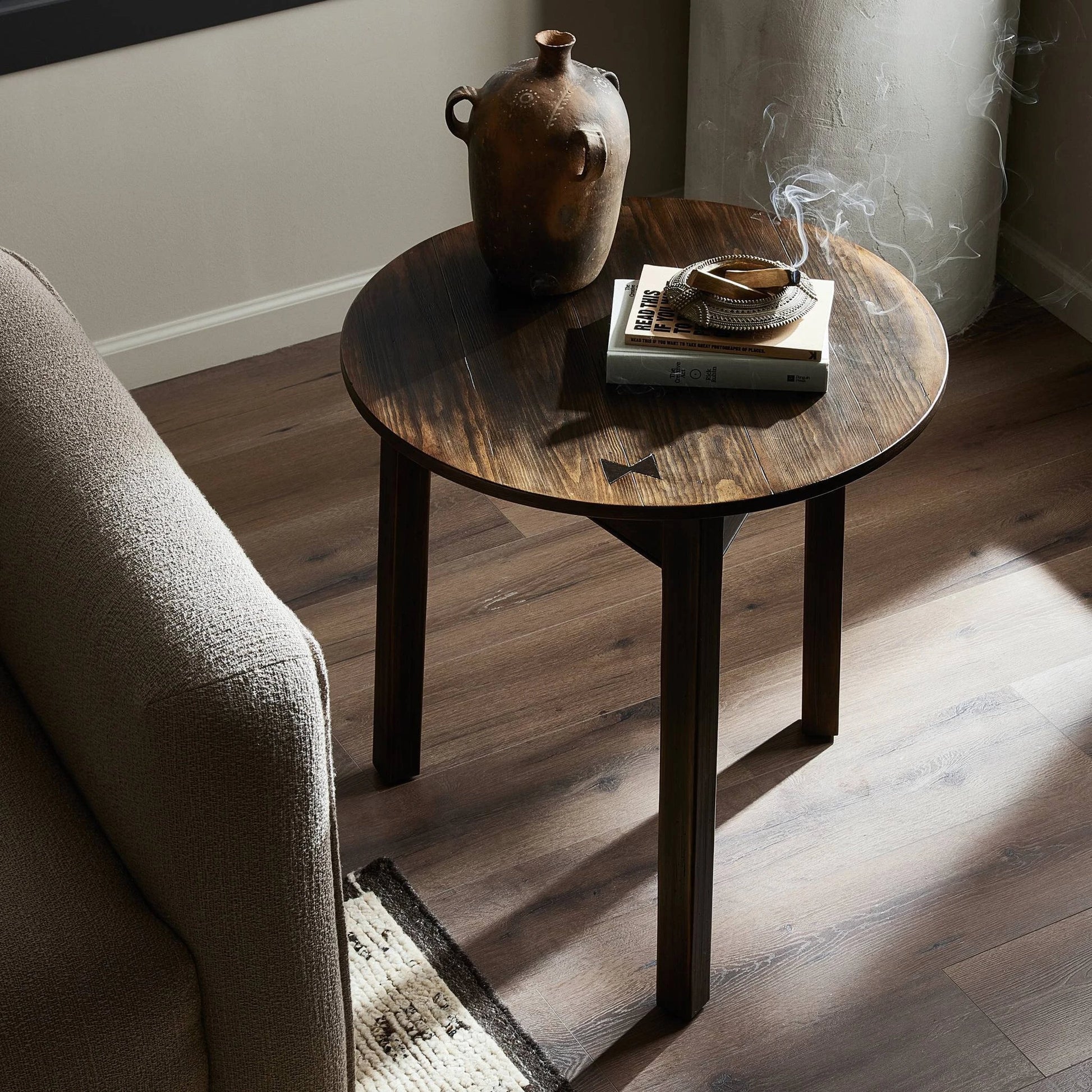 The Pimms Table by Four Hands in aged brown. Made from solid pine, pine veneer, zinc alloy in a modern style.