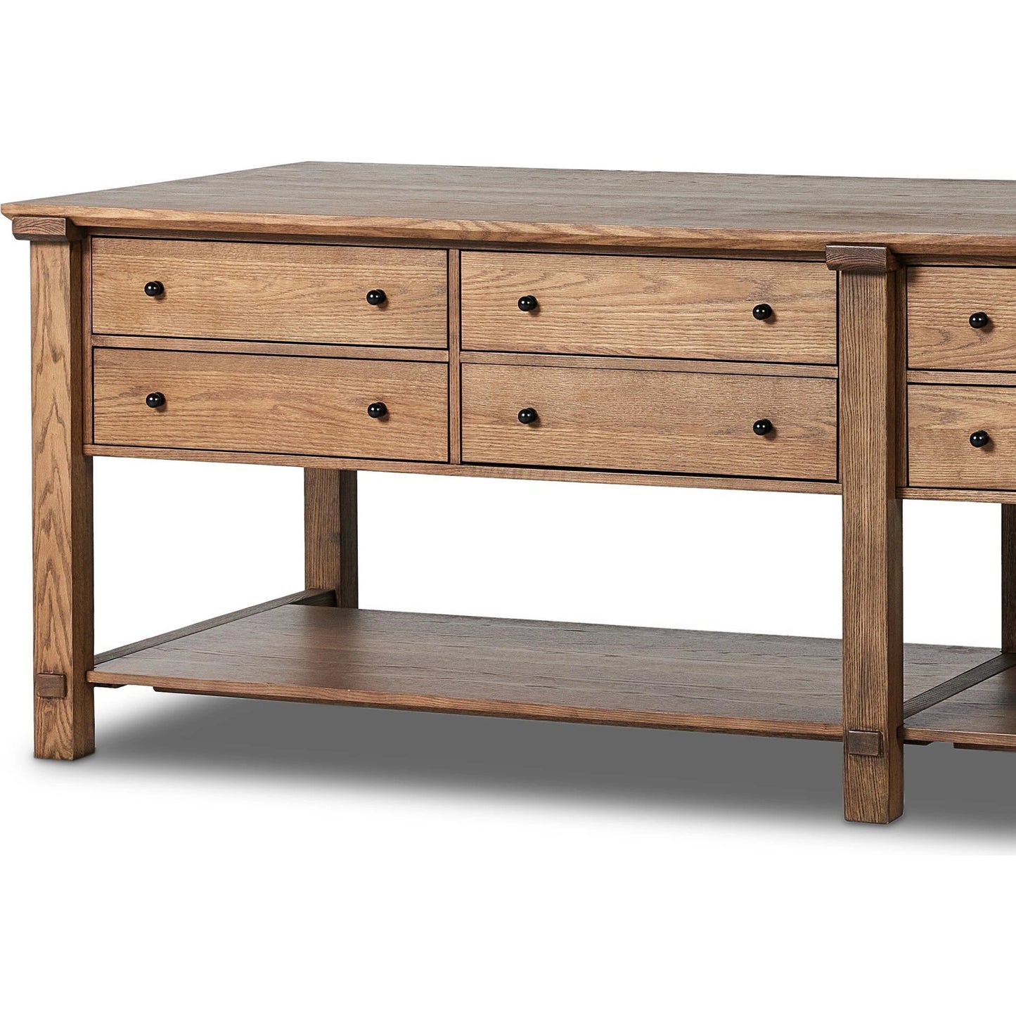 012 SI-2137331 | Closeup | Gardendale Kitchen Island by Four Hands in tan oak veneer. Made from oak veneer, iron, solid oak in a modern style.