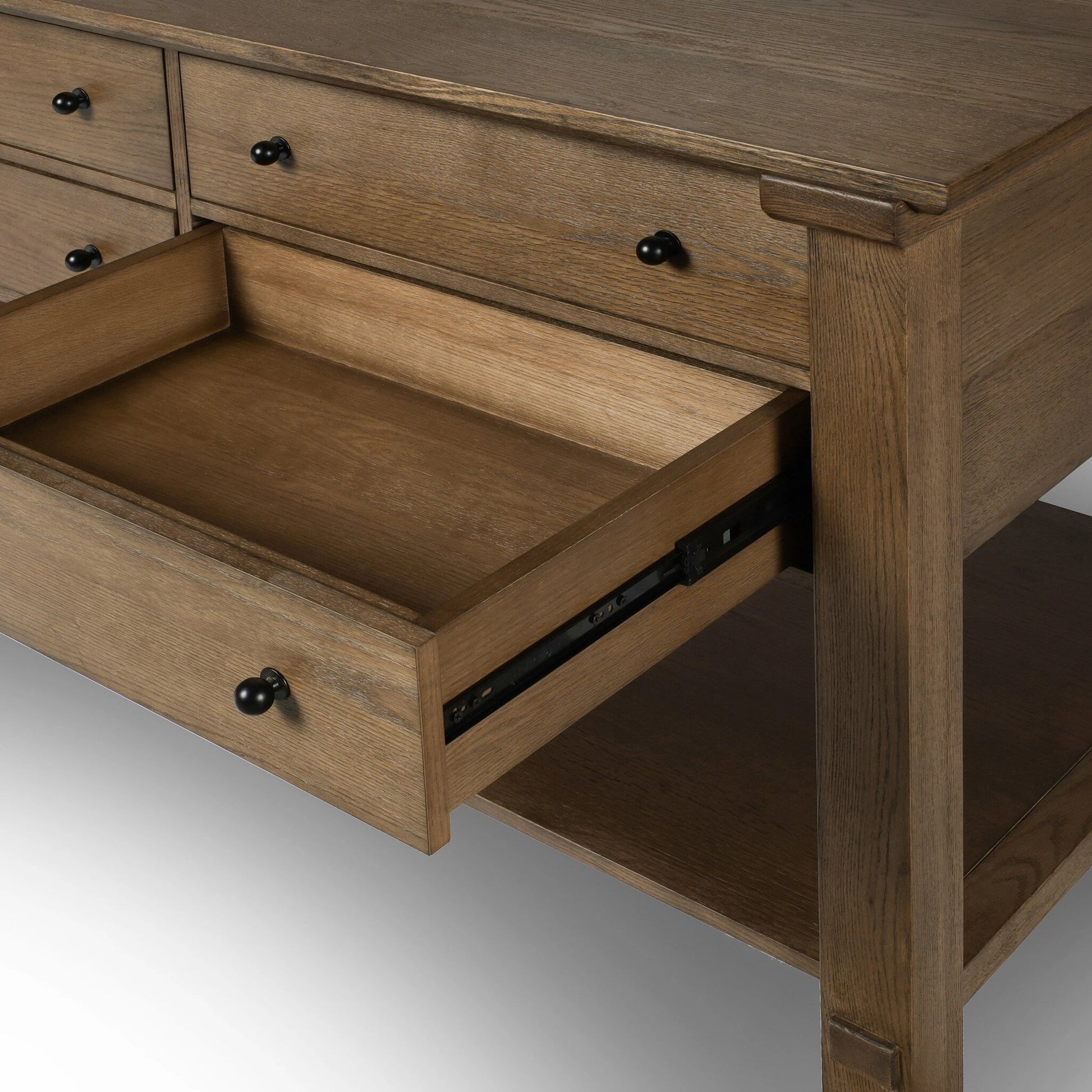 Gardendale Kitchen Island by Four Hands in tan oak veneer. Made from oak veneer, iron, solid oak in a modern style.