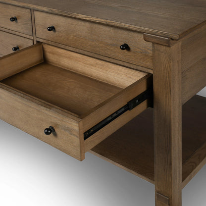 Gardendale Kitchen Island by Four Hands in tan oak veneer. Made from oak veneer, iron, solid oak in a modern style.