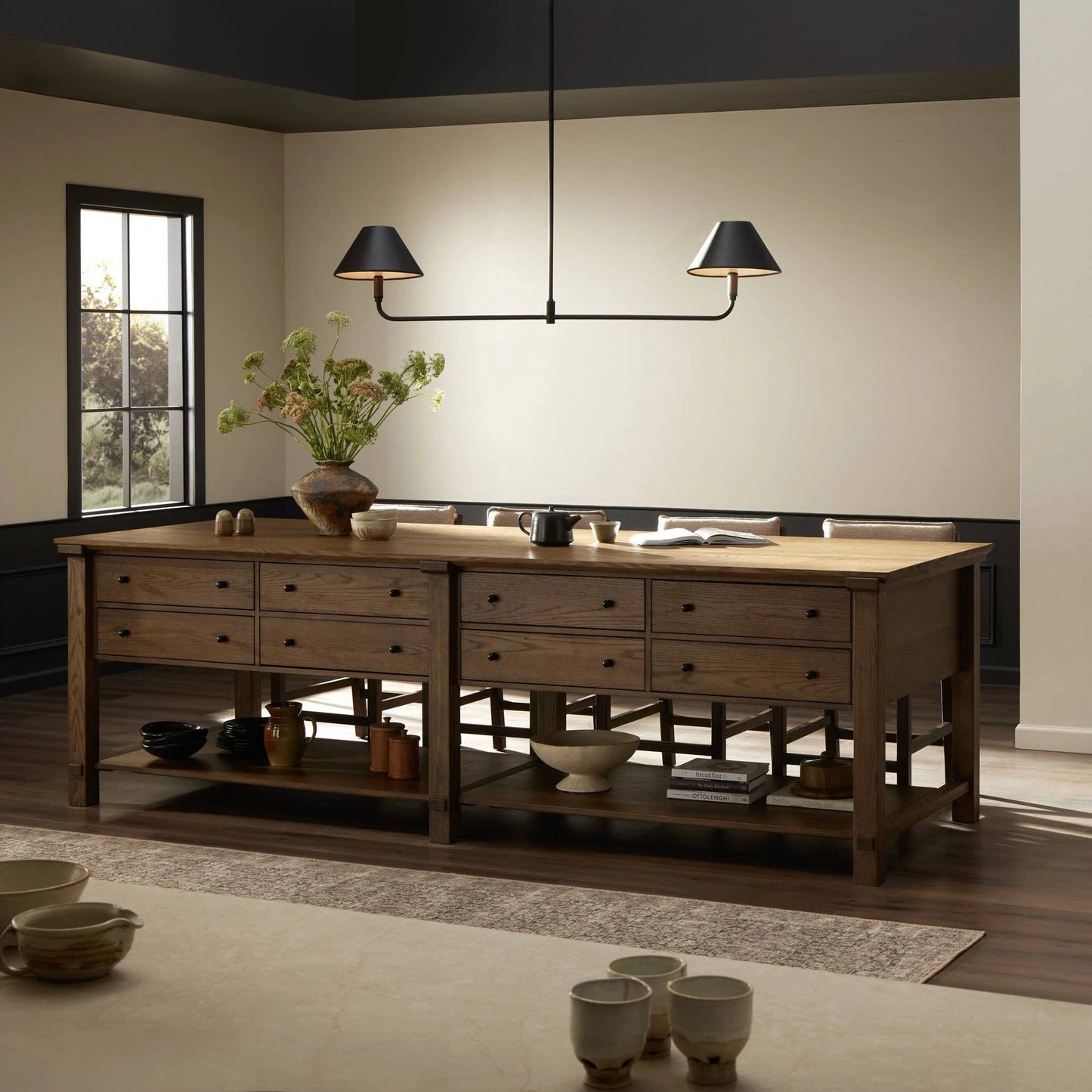 018 SI-2137331 | Lifestyle | Gardendale Kitchen Island by Four Hands in tan oak veneer. Made from oak veneer, iron, solid oak in a modern style.