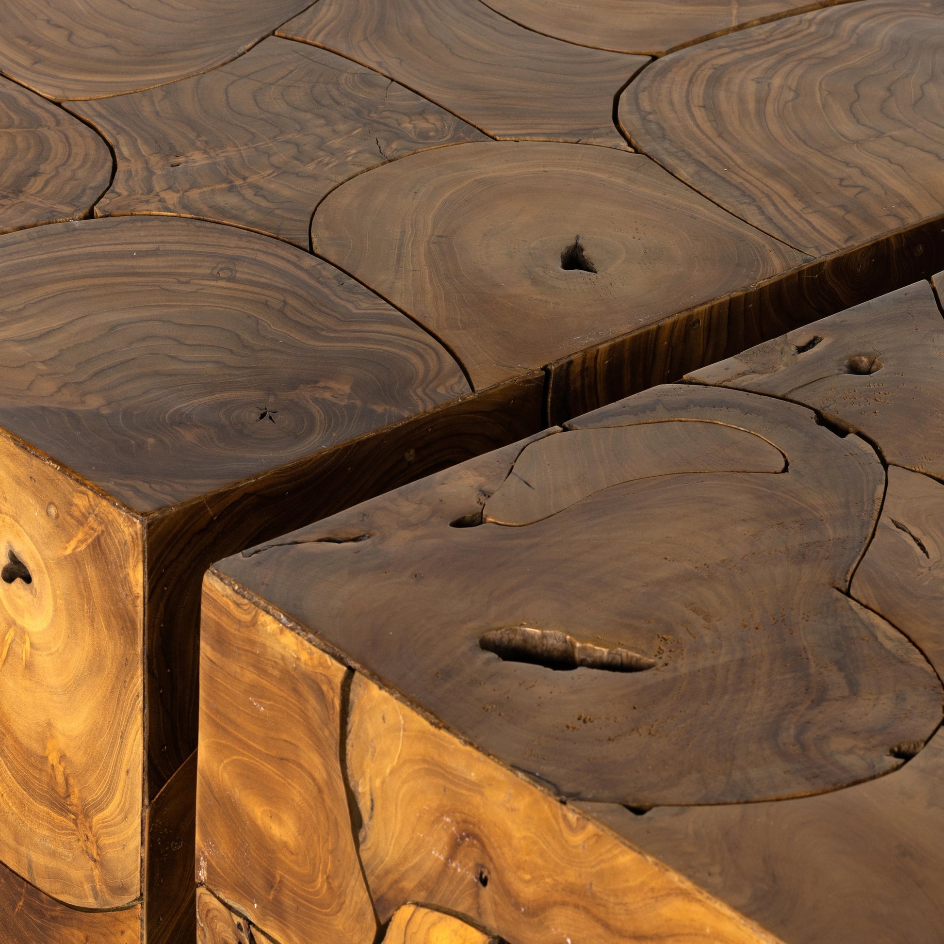 Tomlin Outdoor Bunching Table by Four Hands in teak root. Made from solid teak in a modern style.