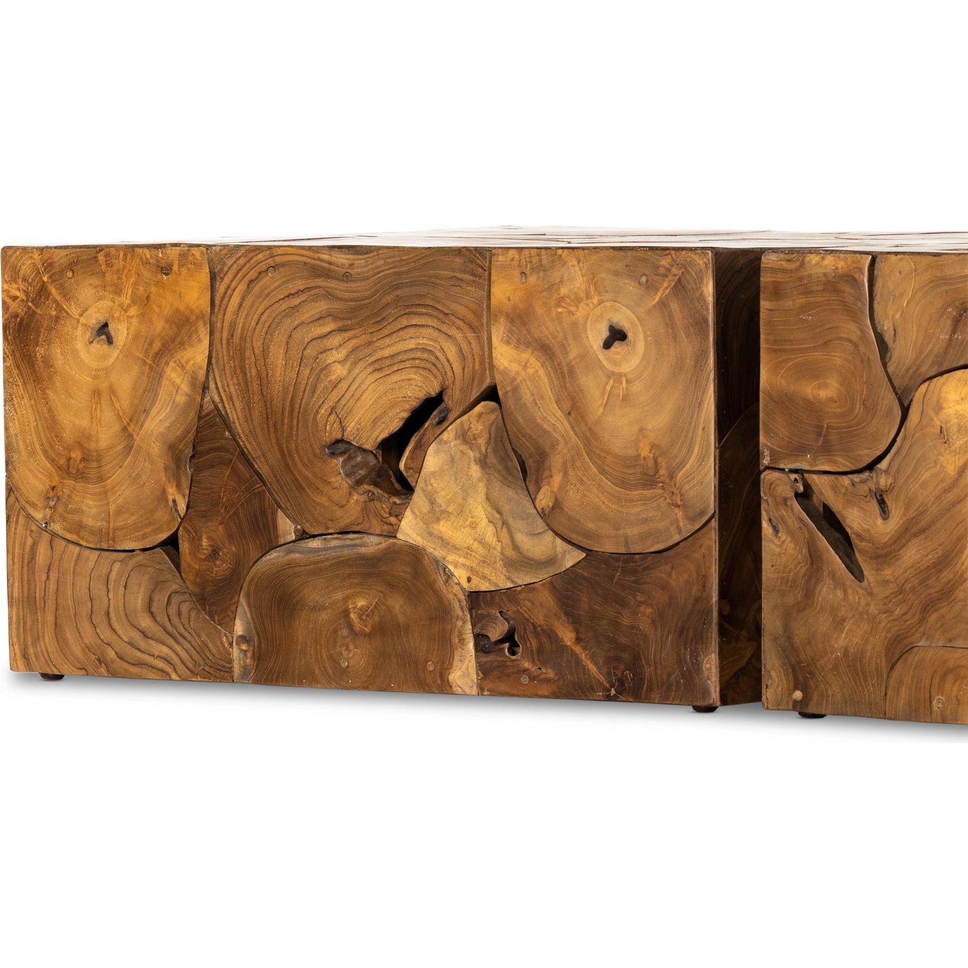 Tomlin Outdoor Bunching Table by Four Hands in teak root. Made from solid teak in a modern style.