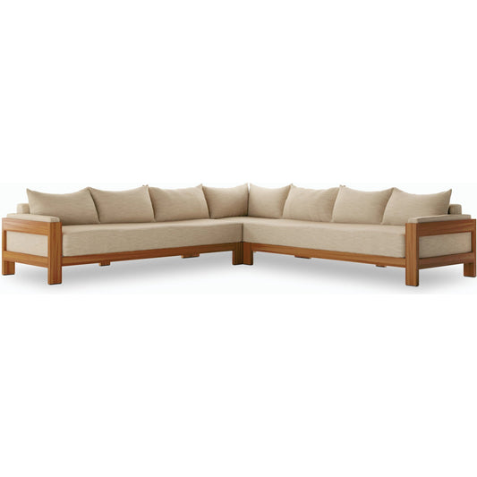 Chapman Outdoor 3-Piece Sectional by Four Hands in casa cream. Made from 100% olefin, solid fsc®-certified teak, 59% polyurethane foam, 30% polyester fiber, 11% polyester fiber batting in a modern style.