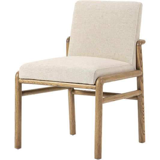 Taki Dining Chair by Four Hands in antwerp natural, lamont nettlewood, palermo cognac. Made from 39% flax/linen, 35% cotton, 26% polyester, solid nettlewood, top grain leather in a unique style.