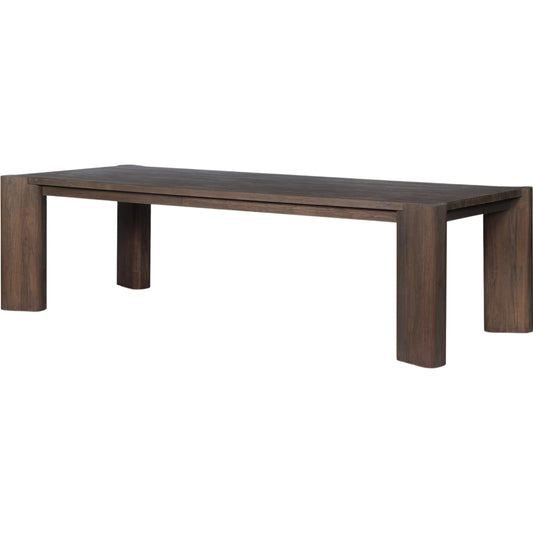 Soho Outdoor Dining Table by Four Hands in stained saddle brown. Made from solid teak in a unique style.