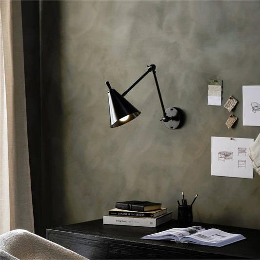 Watkins Sconce by Four Hands in jet black, black cord and jet black. Made from iron, thermoplastic in a modern style.