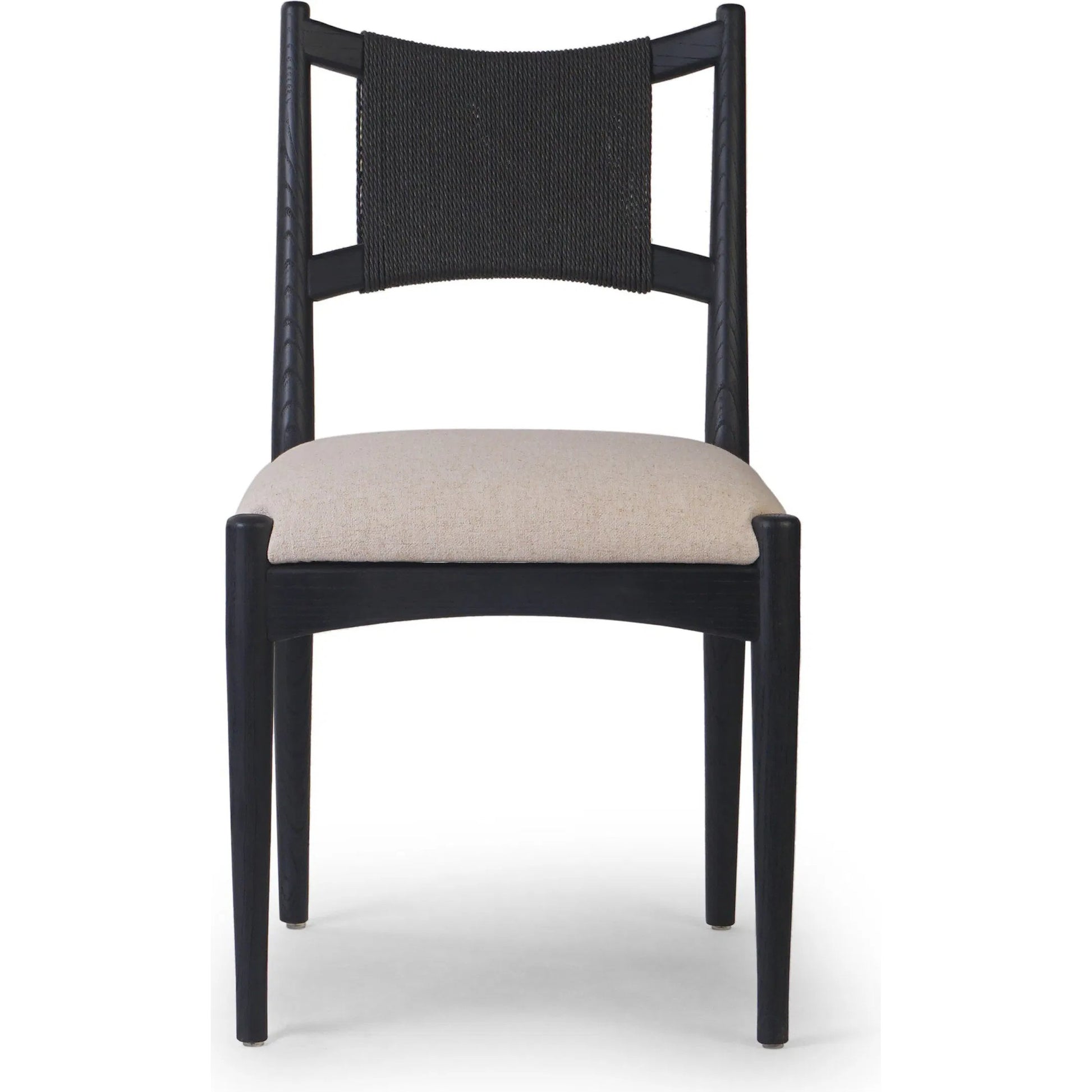 Haddon Dining Chair by Four Hands. Made from 39% linen, 35% cotton, 26% polyester, solid nettlewood, rush in a unique style.