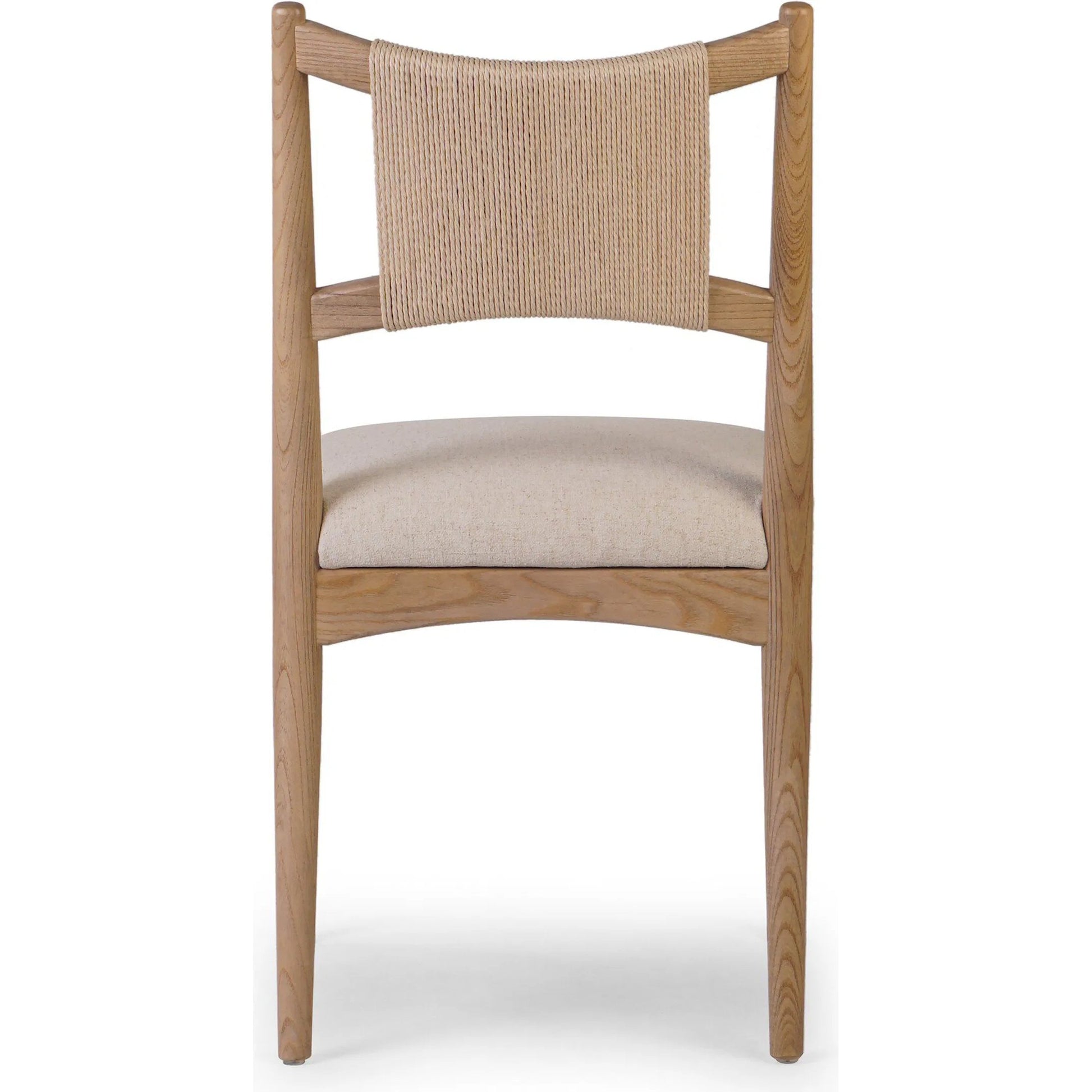 Haddon Dining Chair by Four Hands. Made from 39% linen, 35% cotton, 26% polyester, solid nettlewood, rush in a unique style.