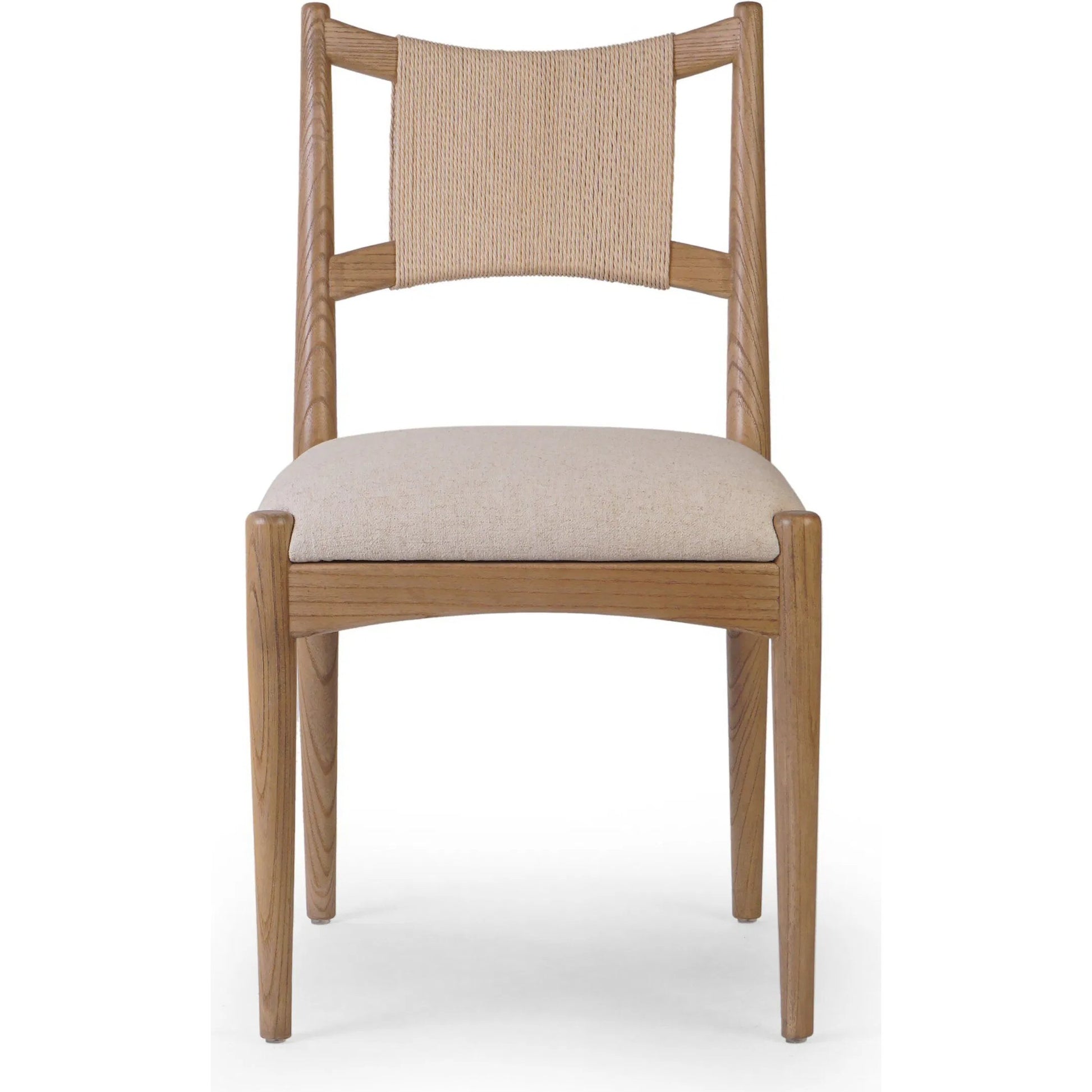 Haddon Dining Chair by Four Hands. Made from 39% linen, 35% cotton, 26% polyester, solid nettlewood, rush in a unique style.