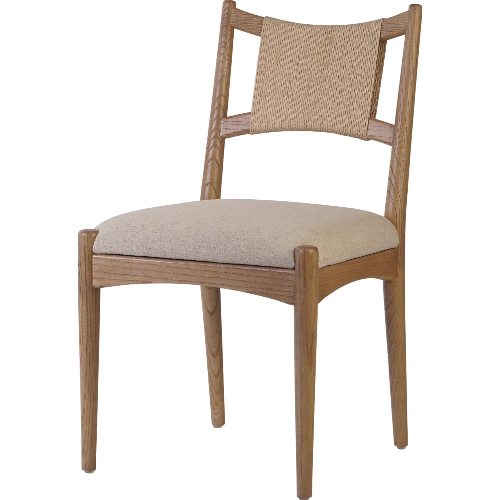 Haddon Dining Chair by Four Hands. Made from 39% linen, 35% cotton, 26% polyester, solid nettlewood, rush in a unique style.