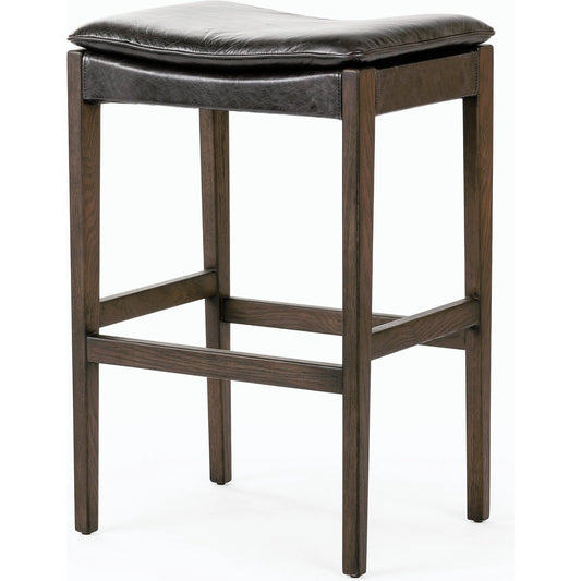 Aya Bar Stool by Four Hands in sonoma black and burnt oak. Made from top grain leather, solid oak, 100% polyester in a modern style.