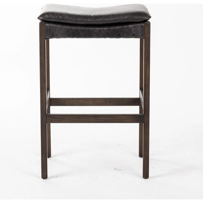 Aya Bar Stool by Four Hands in sonoma black and burnt oak. Made from top grain leather, solid oak, 100% polyester in a modern style.
