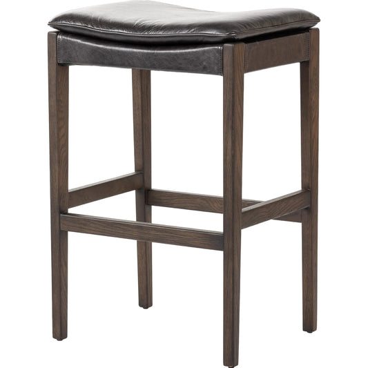 Aya Bar Stool by Four Hands in sonoma black and burnt oak. Made from top grain leather, solid oak, 100% polyester in a modern style.