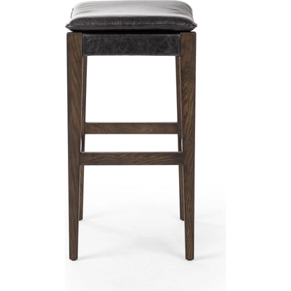 Aya Bar Stool by Four Hands in sonoma black and burnt oak. Made from top grain leather, solid oak, 100% polyester in a modern style.