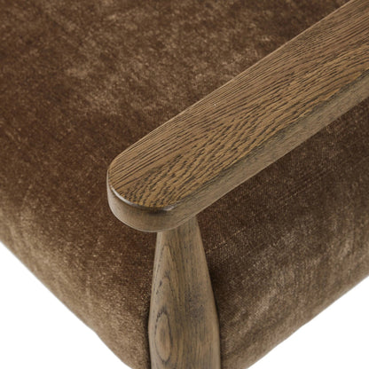 Jayla Dining Armchair by Four Hands in altair mushroom, toasted oak. Made from 100% polyester, solid oak in a traditional style.