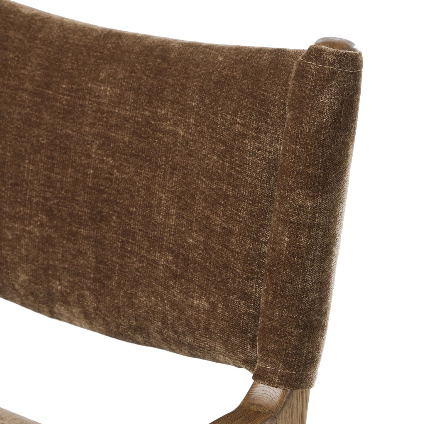 007 SI-2519207 | Closeup | Jayla Dining Armchair by Four Hands in altair mushroom, toasted oak. Made from 100% polyester, solid oak in a traditional style.