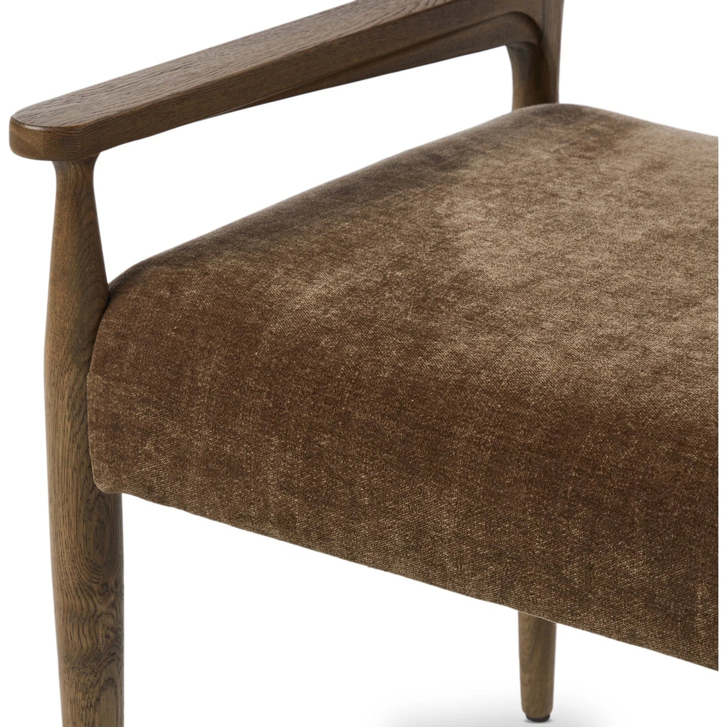 009 SI-2519207 | Closeup | Jayla Dining Armchair by Four Hands in altair mushroom, toasted oak. Made from 100% polyester, solid oak in a traditional style.