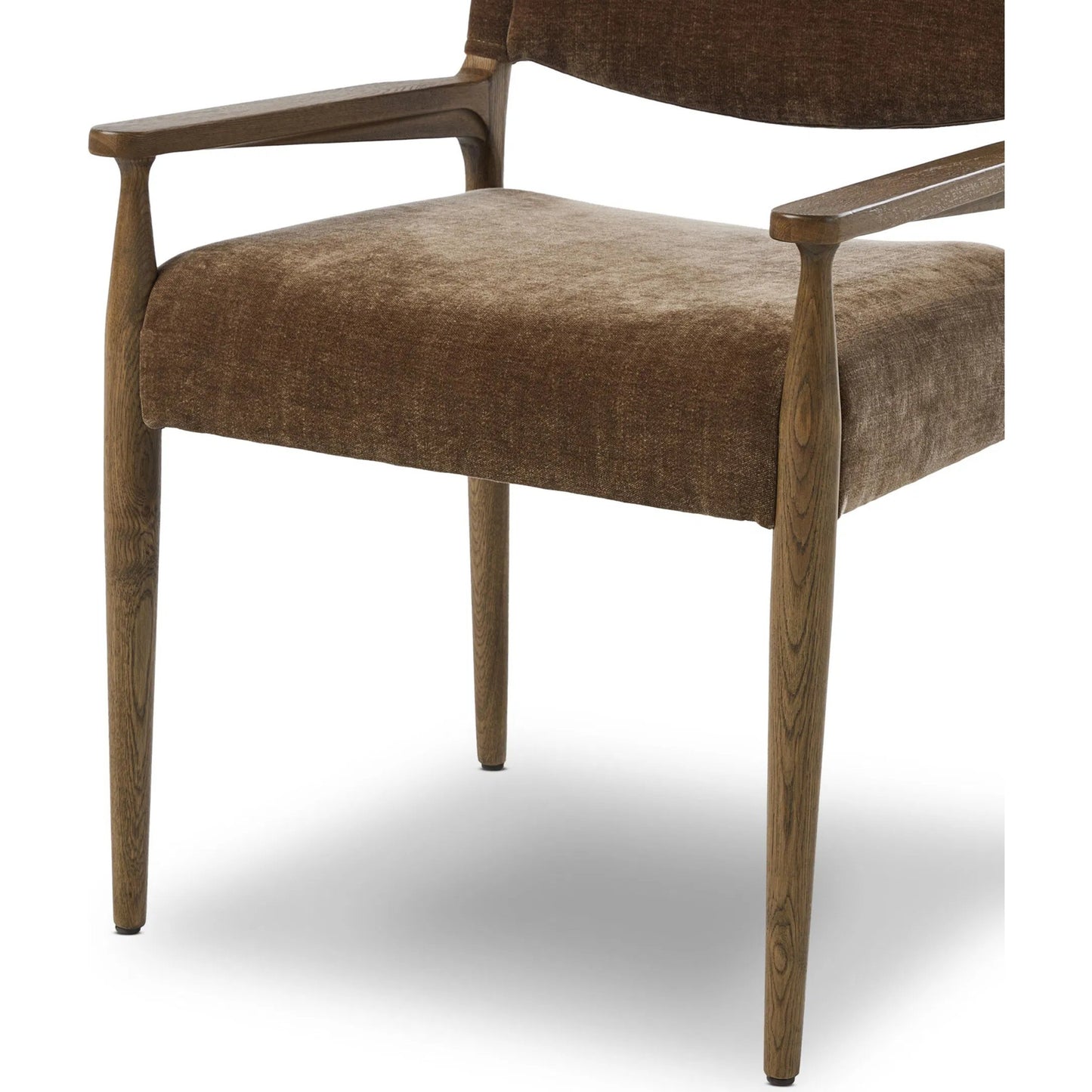 010 SI-2519207 | Closeup | Jayla Dining Armchair by Four Hands in altair mushroom, toasted oak. Made from 100% polyester, solid oak in a traditional style.
