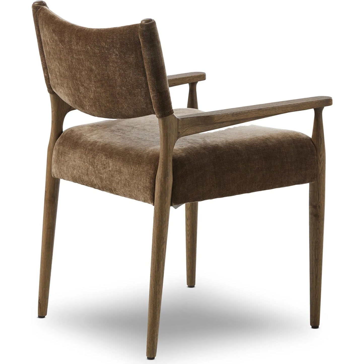 011 SI-2519207 | Closeup | Jayla Dining Armchair by Four Hands in altair mushroom, toasted oak. Made from 100% polyester, solid oak in a traditional style.