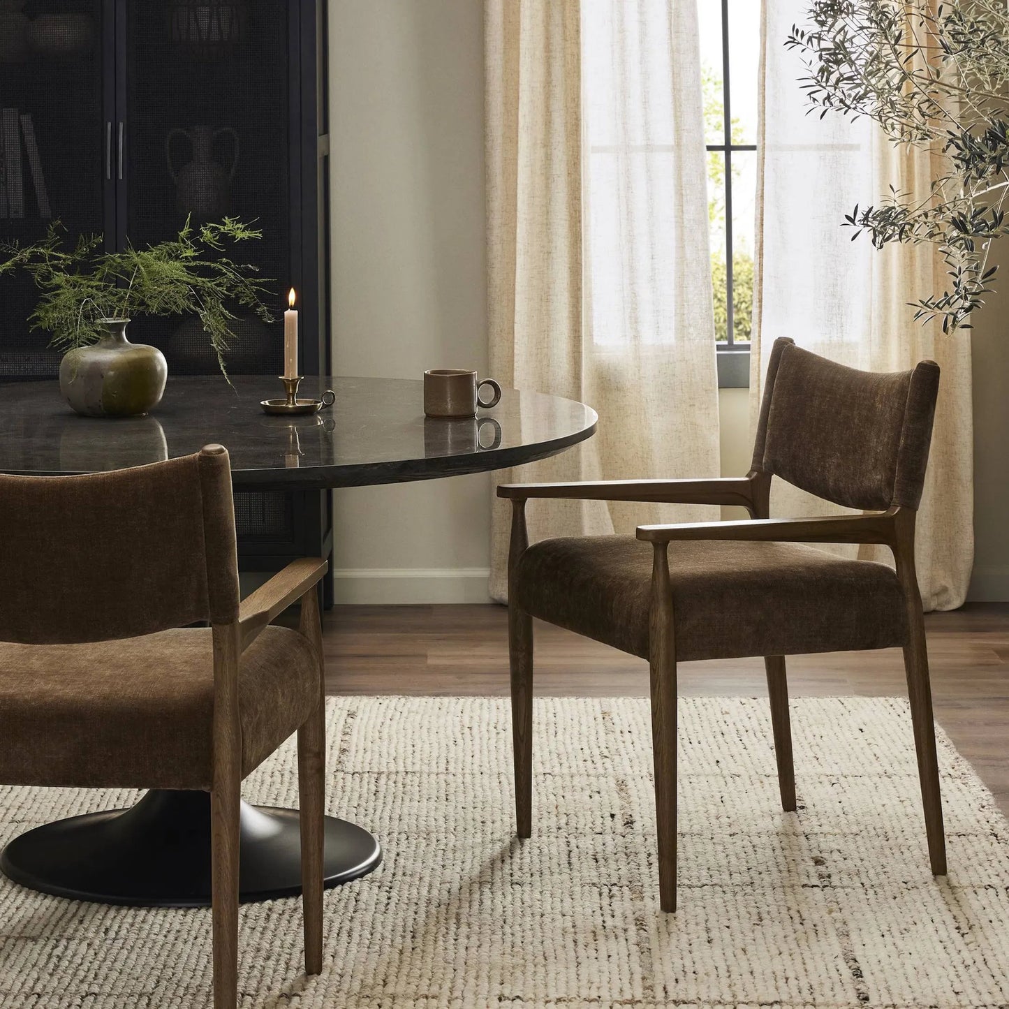 012 SI-2519207 | Lifestyle | Jayla Dining Armchair by Four Hands in altair mushroom, toasted oak. Made from 100% polyester, solid oak in a traditional style.
