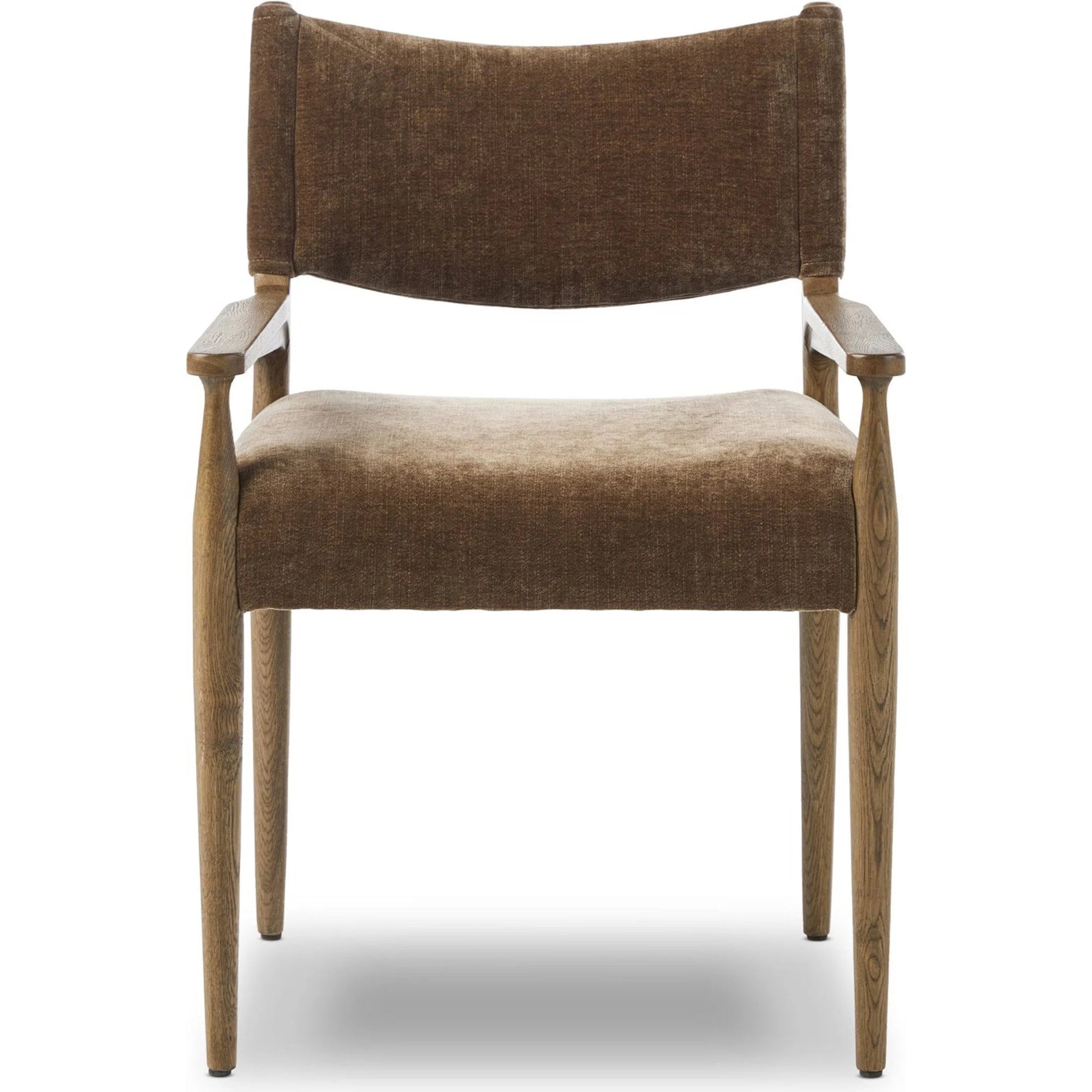 Jayla Dining Armchair by Four Hands in altair mushroom, toasted oak. Made from 100% polyester, solid oak in a traditional style.