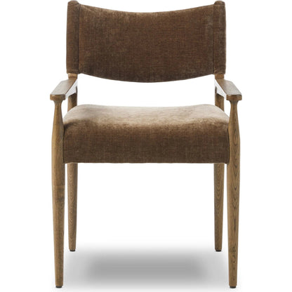 Jayla Dining Armchair by Four Hands in altair mushroom, toasted oak. Made from 100% polyester, solid oak in a traditional style.