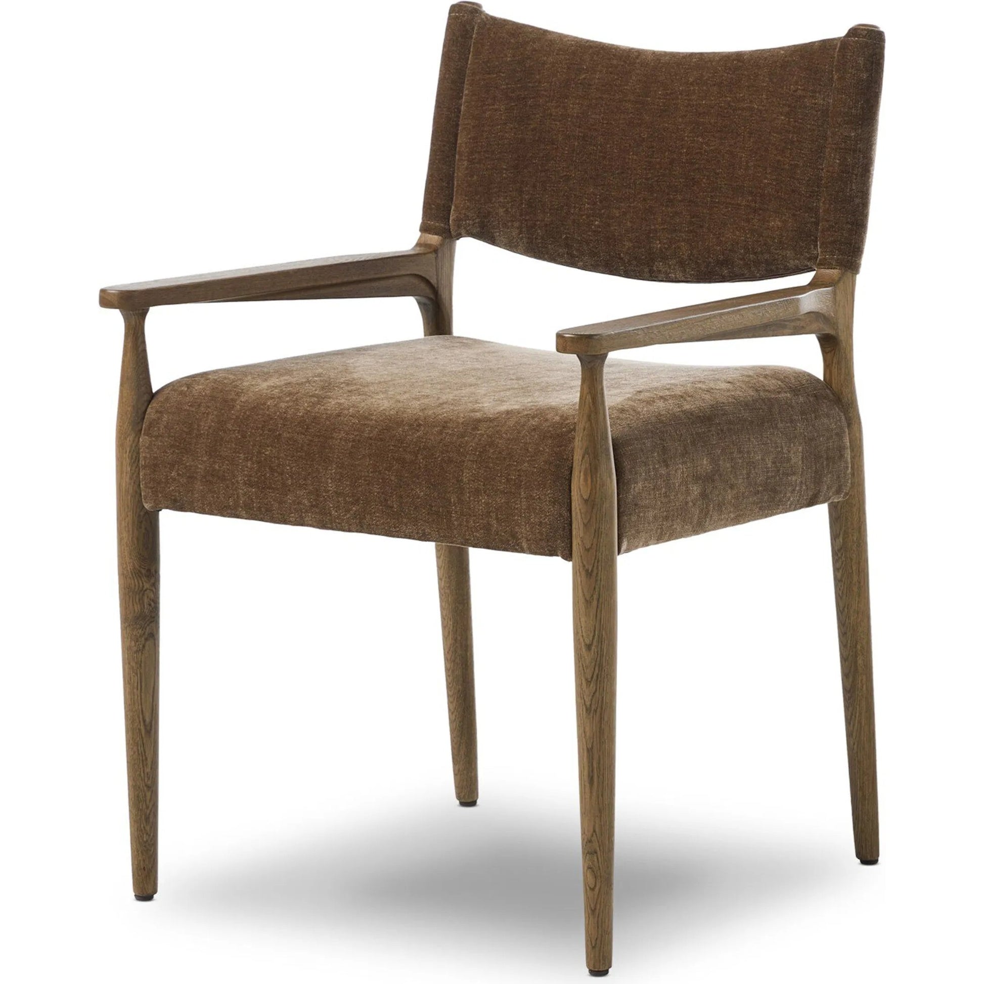 Jayla Dining Armchair by Four Hands in altair mushroom, toasted oak. Made from 100% polyester, solid oak in a traditional style.