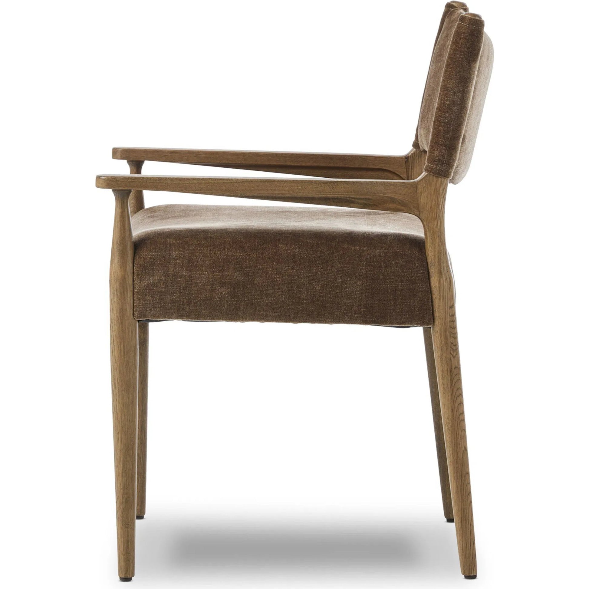 Jayla Dining Armchair by Four Hands in altair mushroom, toasted oak. Made from 100% polyester, solid oak in a traditional style.