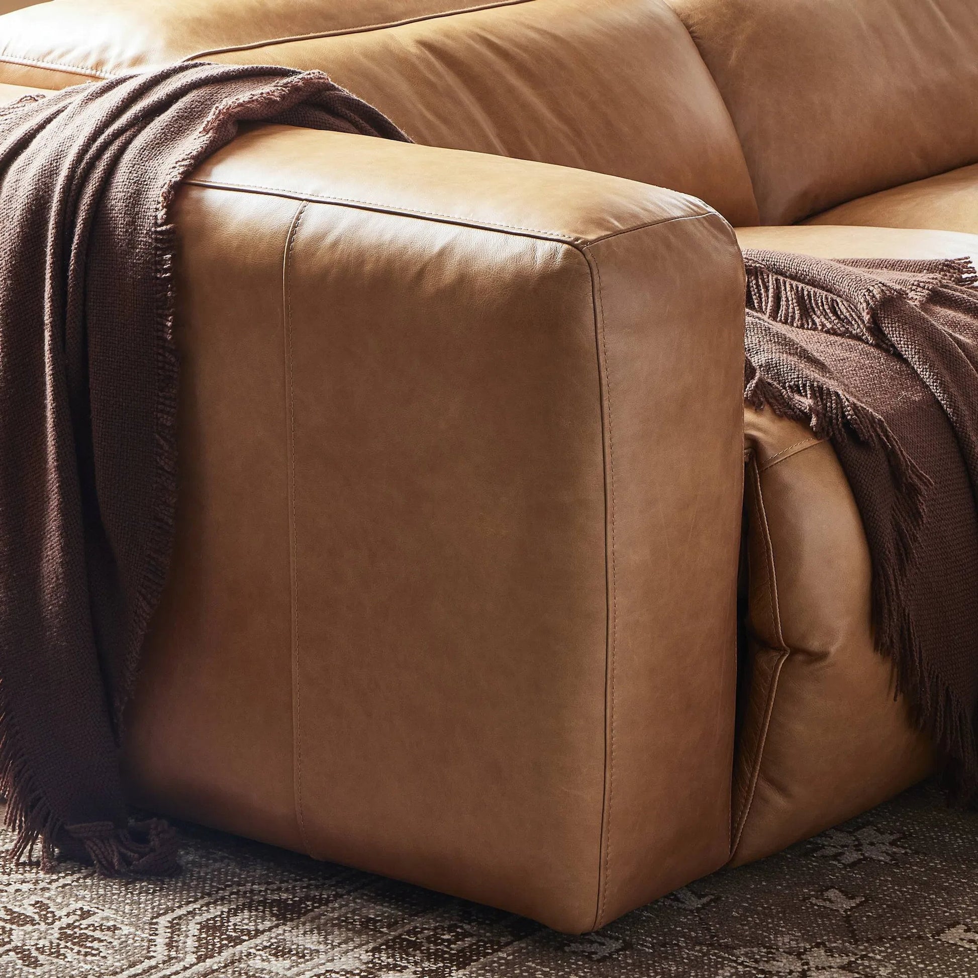 Radley Power Recliner 5-Piece Sectional by Four Hands in sonoma butterscotch. Made from top grain leather, 100% polyester fiber, eucalyptus plywood in a modern style.