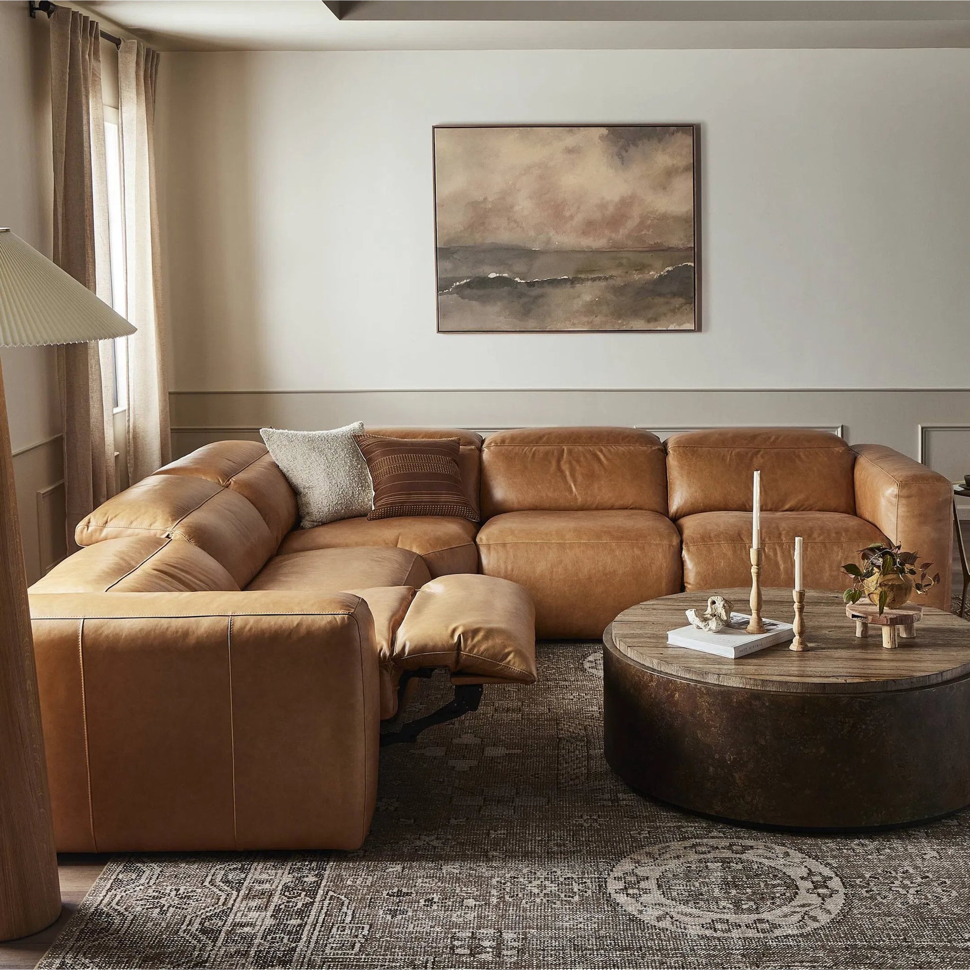 Radley Power Recliner 5-Piece Sectional by Four Hands in sonoma butterscotch. Made from top grain leather, 100% polyester fiber, eucalyptus plywood in a modern style.