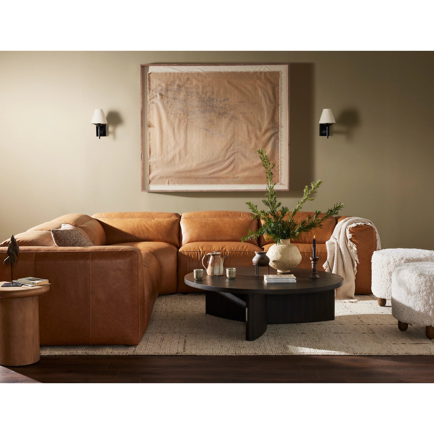 025 SI-2001827 | Lifestyle | Radley Power Recliner 5-Piece Sectional by Four Hands in sonoma butterscotch. Made from top grain leather, 100% polyester fiber, eucalyptus plywood in a modern style.