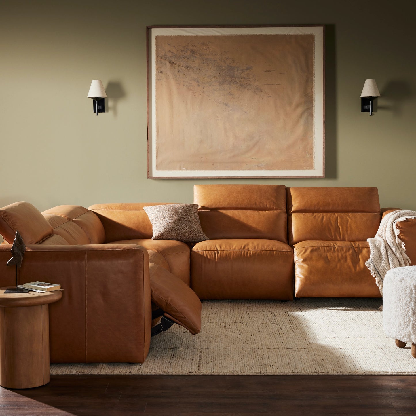 026 SI-2001827 | Lifestyle | Radley Power Recliner 5-Piece Sectional by Four Hands in sonoma butterscotch. Made from top grain leather, 100% polyester fiber, eucalyptus plywood in a modern style.