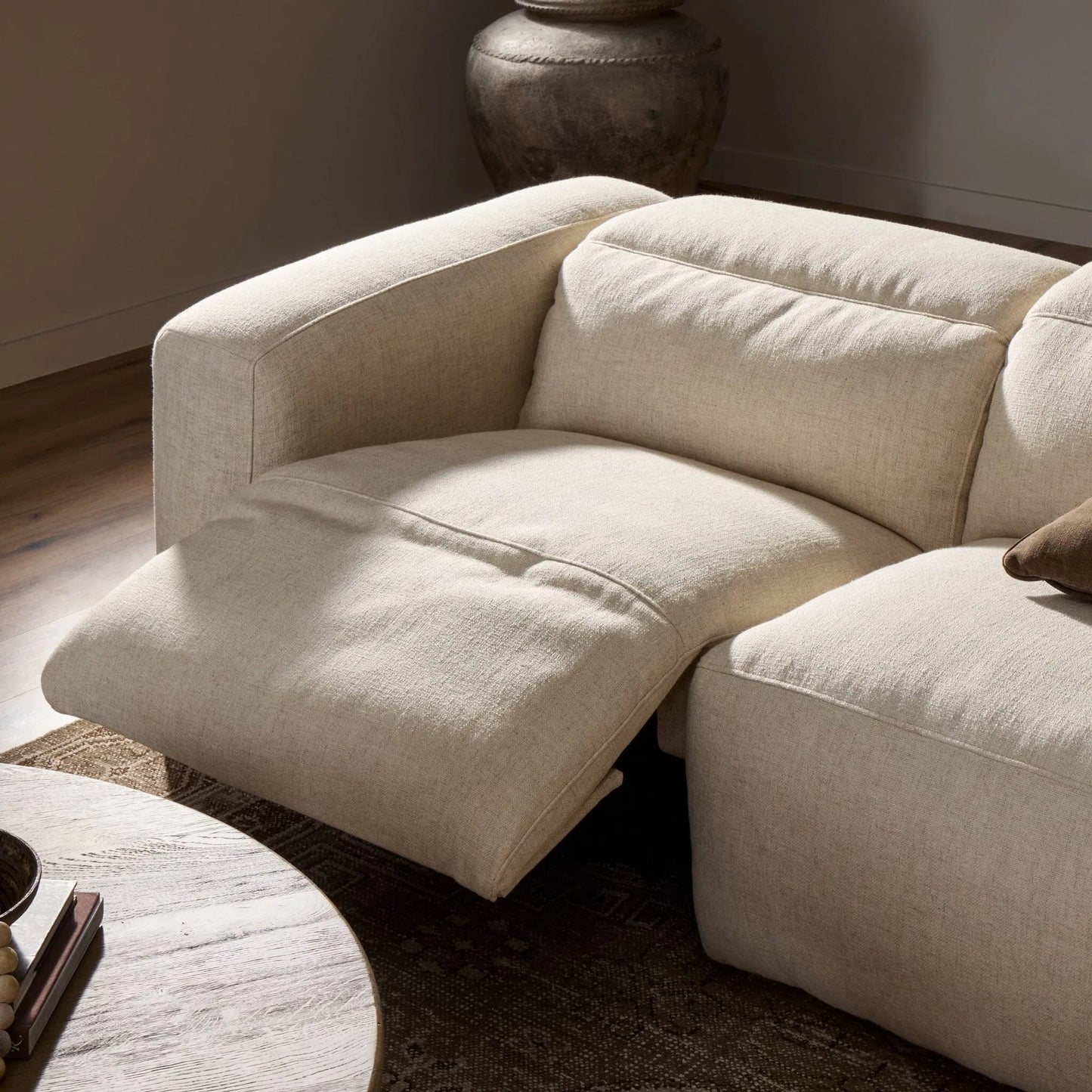 028 SI-2074613 | Closeup | Radley Power Recliner 5-Piece Sectional by Four Hands. Made from unique in a modern style.