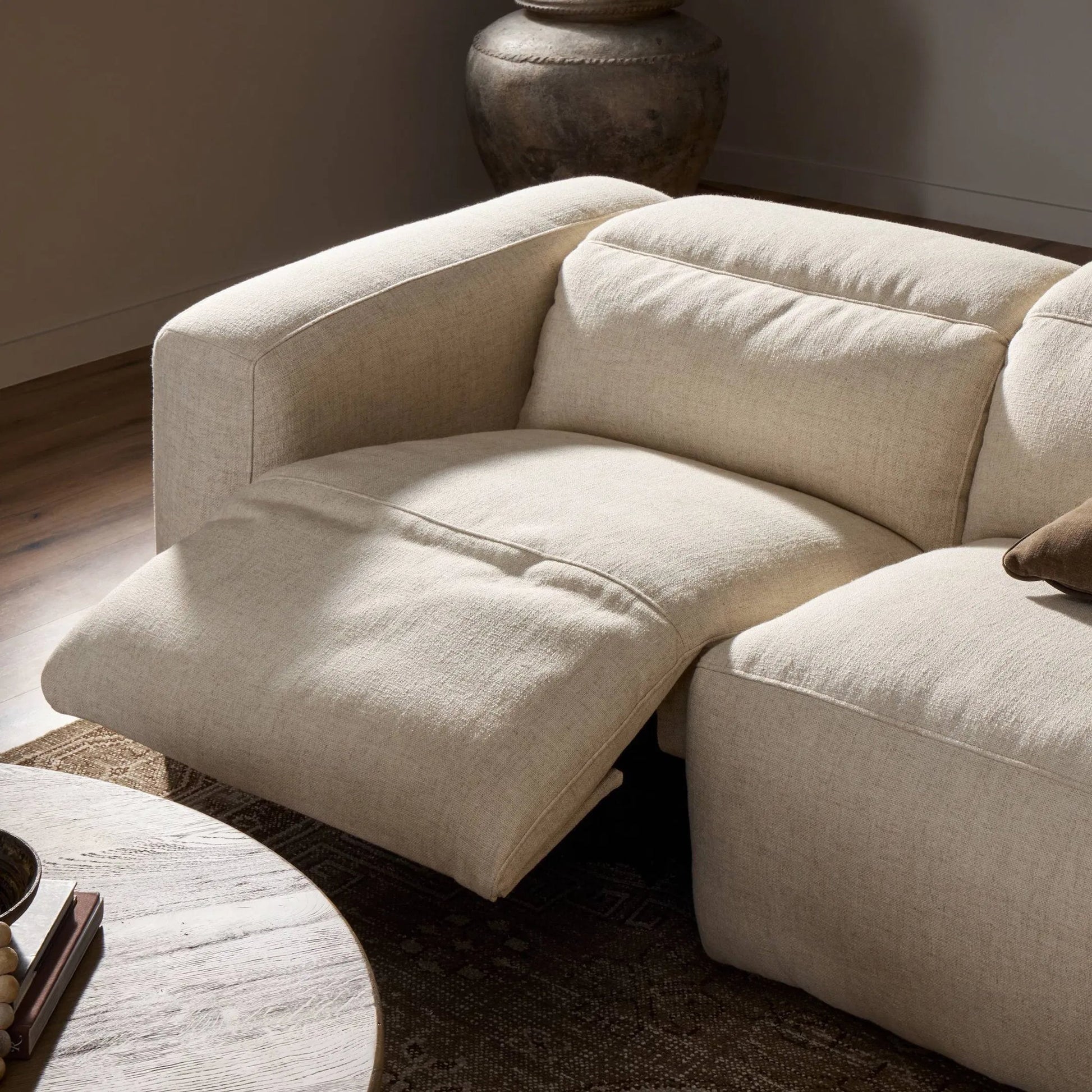 Radley Power Recliner 5-Piece Sectional by Four Hands in sonoma butterscotch. Made from top grain leather, 100% polyester fiber, eucalyptus plywood in a modern style.