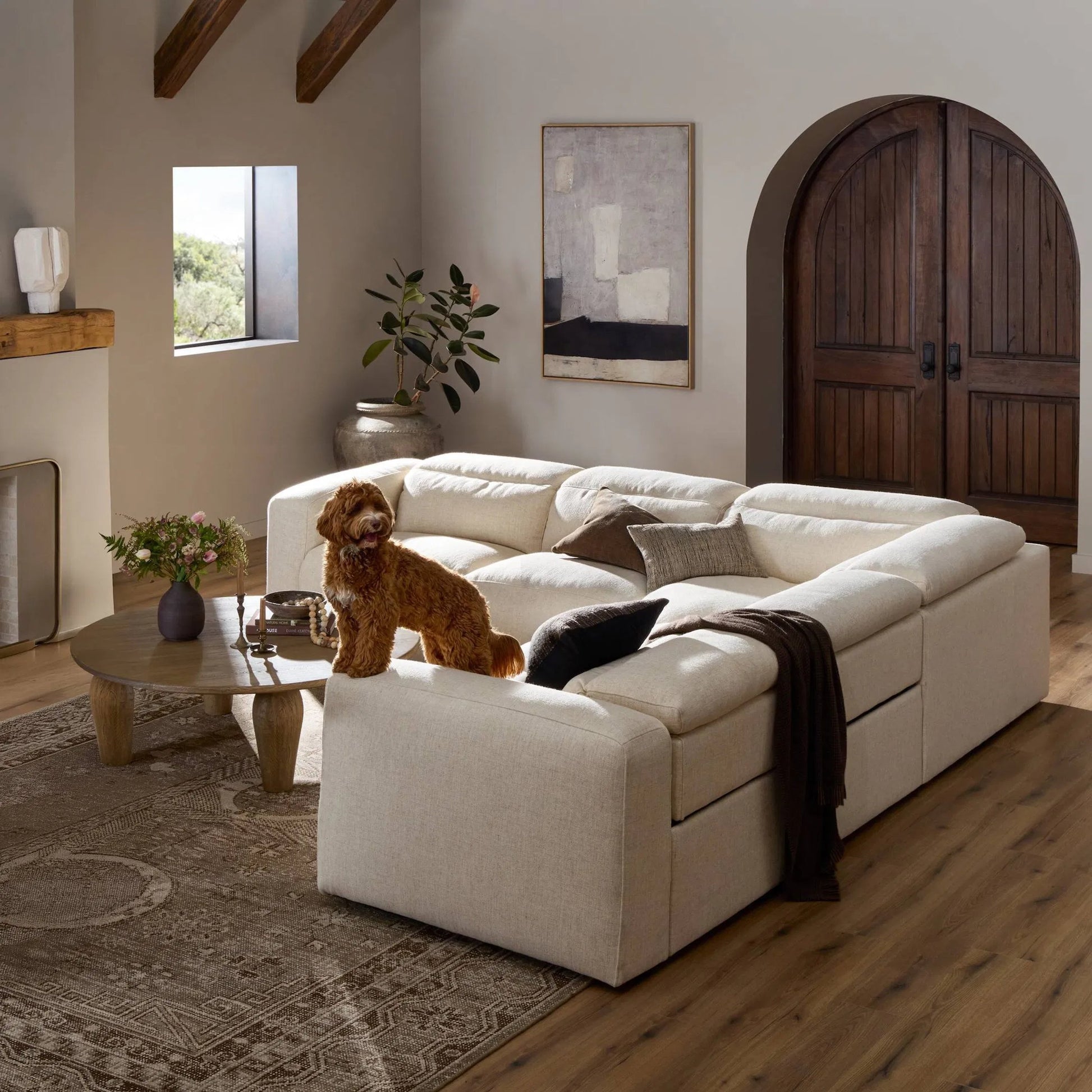 Radley Power Recliner 5-Piece Sectional by Four Hands in sonoma butterscotch. Made from top grain leather, 100% polyester fiber, eucalyptus plywood in a modern style.