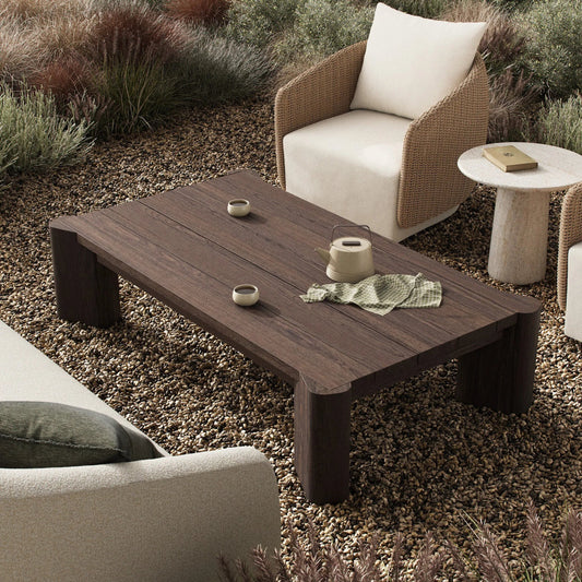 Soho Outdoor Coffee Table by Four Hands in stained saddle brown. Made from solid teak in a unique style.
