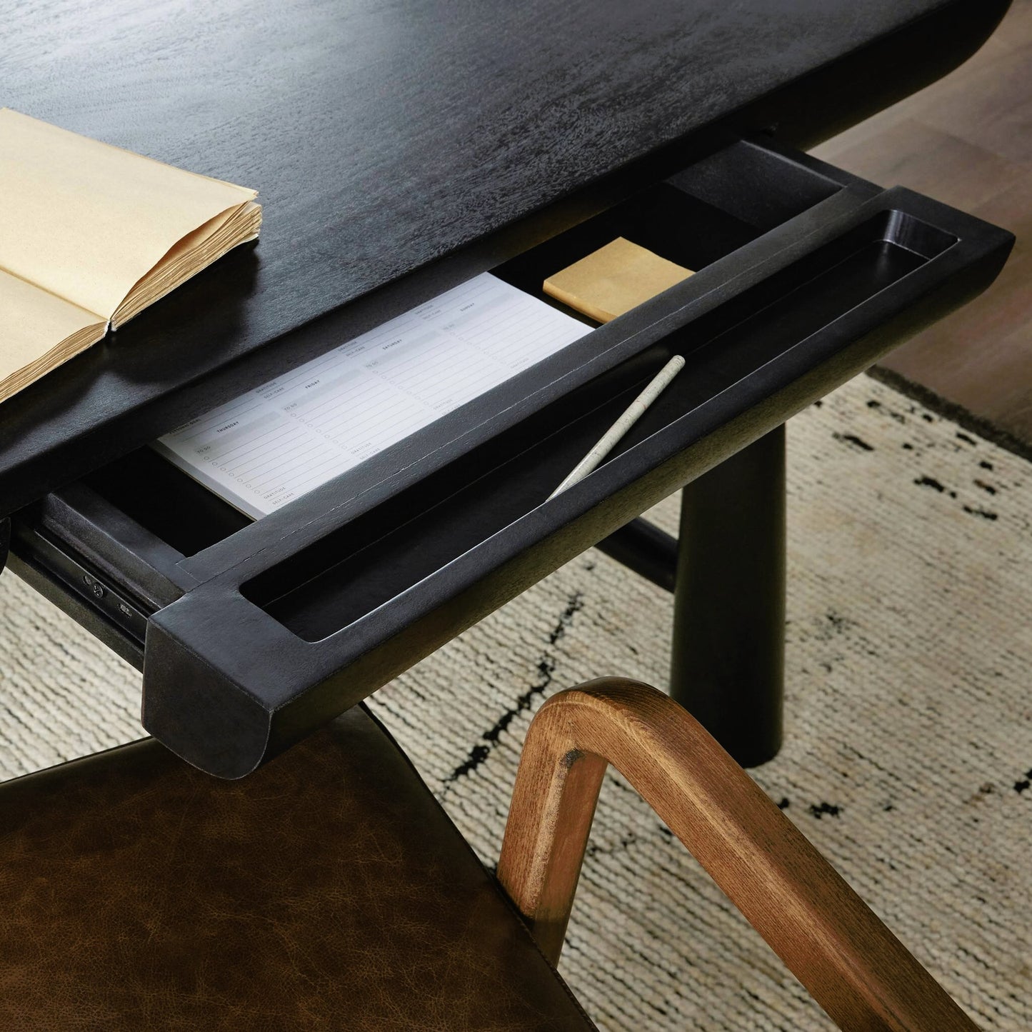 013 SI-2158282 | Closeup | Lorik Desk by Four Hands in worn black acacia. Made from solid acacia in a modern style.
