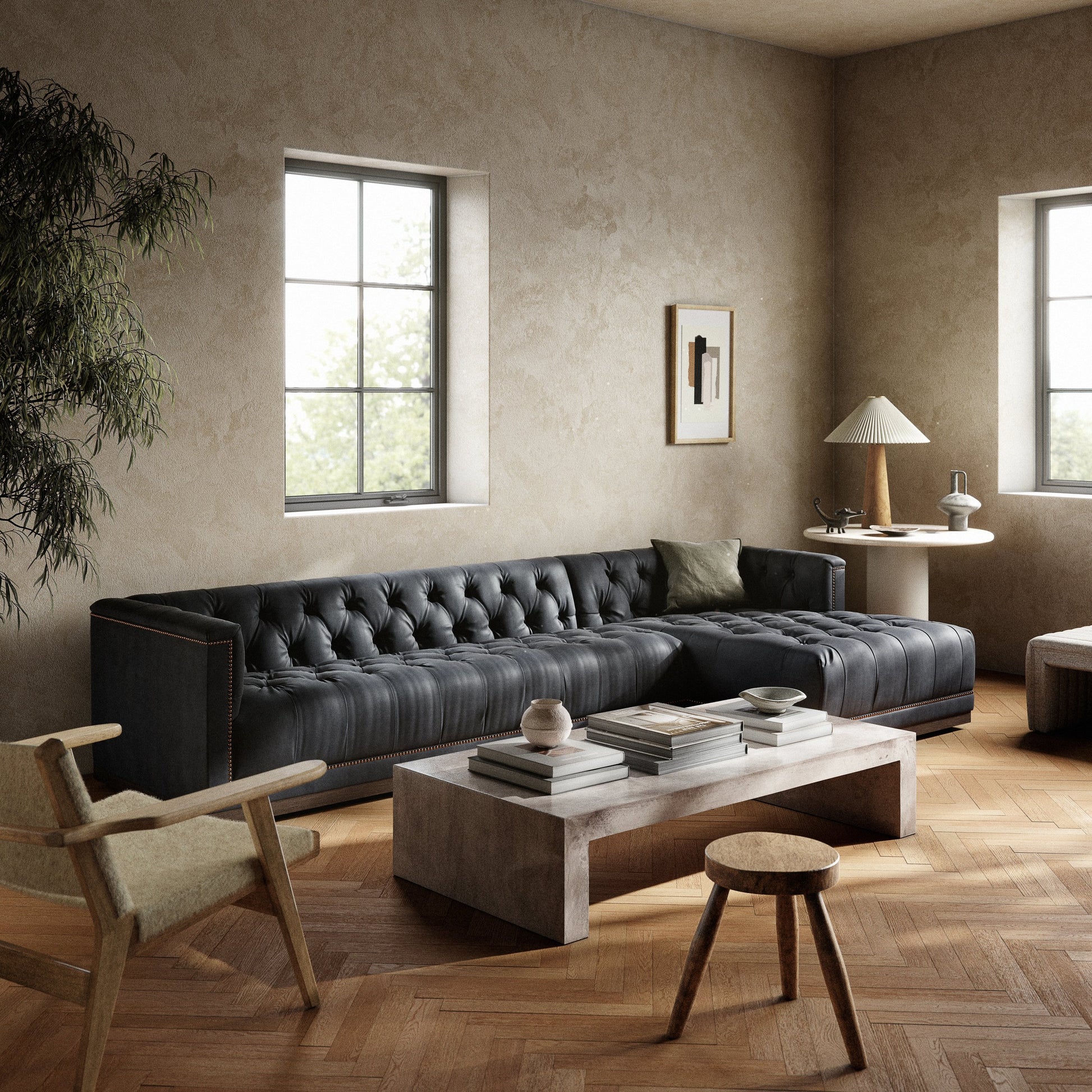 Maxx 2-Piece Sectional by Four Hands in sapphire birch. Made from 92% polyester, 5% cotton, 3% latex, solid parawood, iron in a modern style.