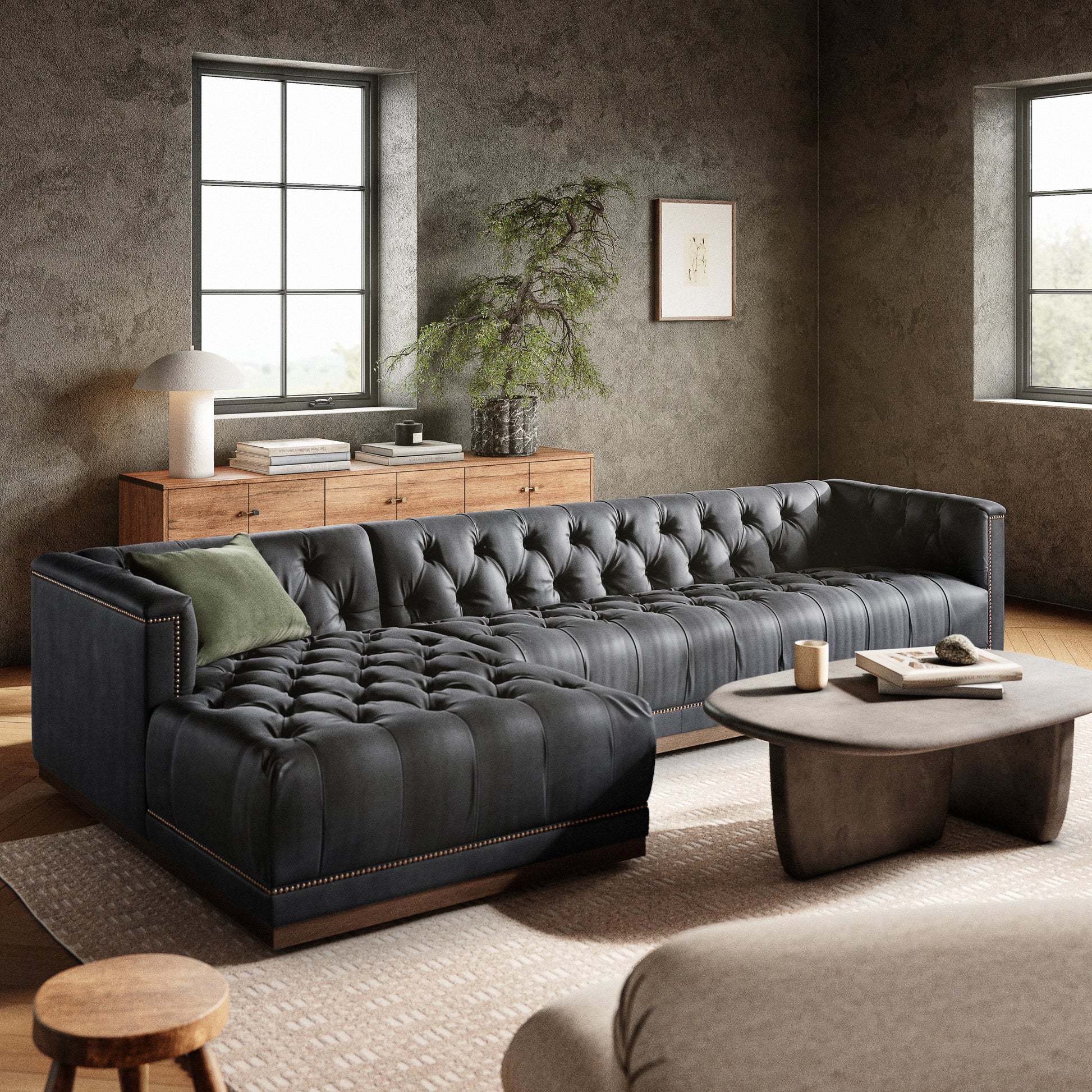 Maxx 2-Piece Sectional by Four Hands in sapphire birch. Made from 92% polyester, 5% cotton, 3% latex, solid parawood, iron in a modern style.